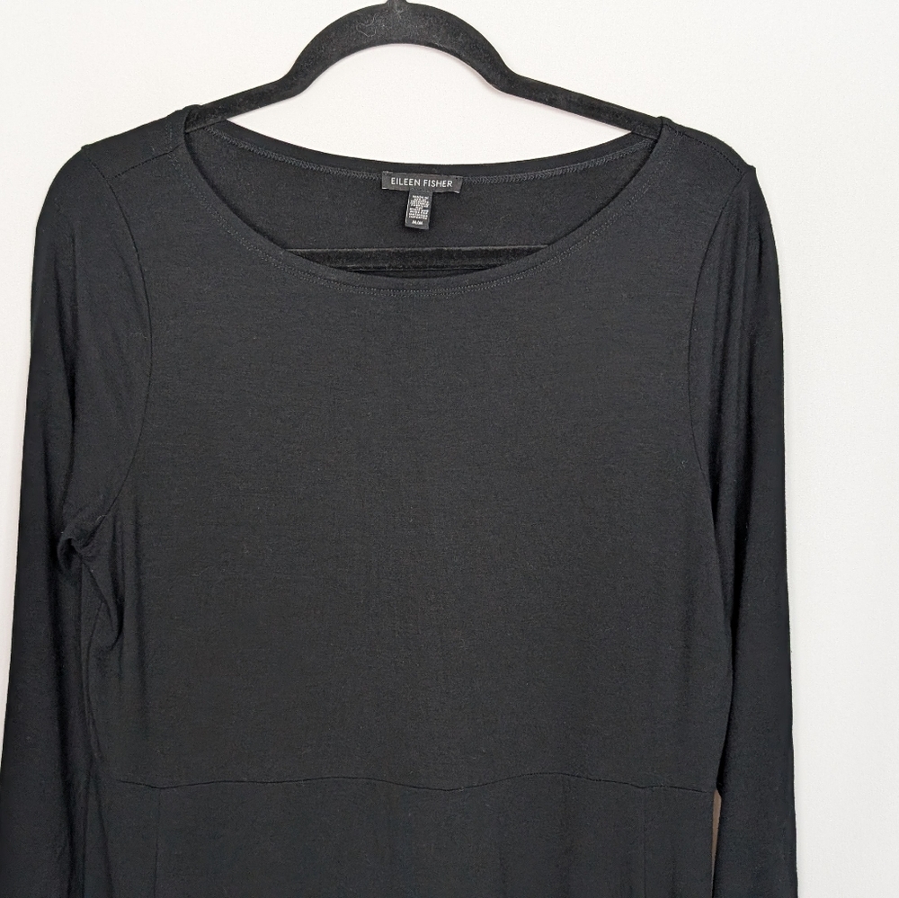EILEEN FISHER Sz M Black Stretch Knit Shift Dress V Neck 3/4 Sleeves Knee Length - Picture 6 of 13